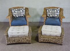 A pair of Colonial style rattan armchairs and matching foot stools, modern, 20th century, real