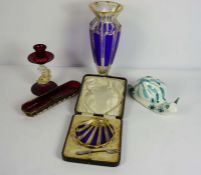 A cased Victorian flashed glass decorative scallop shell, together with a matching flashed glass