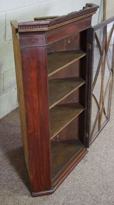 A George III mahogany corner cabinet, with a single glazed door and boxwood line inlays, 105cm high, - Image 3 of 5