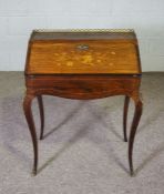 A small walnut and marquetry writing bureau, English, late 19th century, with a three quarter