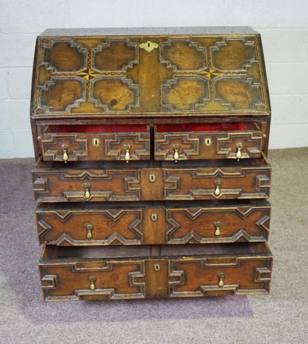 A Jacobean style oak bureau, 19th century revival, with a geometric moulded fall front, with boxwood - Image 2 of 6