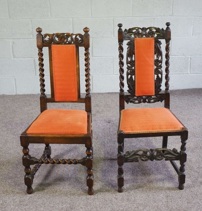 A set of eight Jacobean style oak framed dining chairs, circa 1900, each with a carved crest rail, - Image 3 of 5