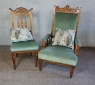 An Edwardian oak framed Salon chair, with tulip carved crest rail, stuffed back and seat and