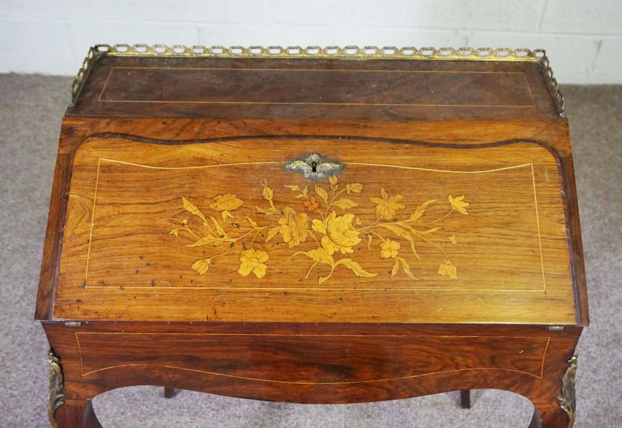 A small walnut and marquetry writing bureau, English, late 19th century, with a three quarter - Image 2 of 6