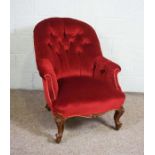 A Victorian walnut framed and button upholstered bedroom chair, late 19th century, with a padded and