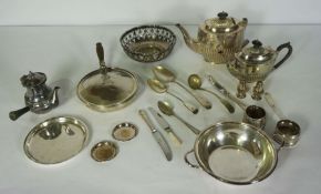 A quantity of silver plated table ware, including a small Argyll, various covered dishes, trays