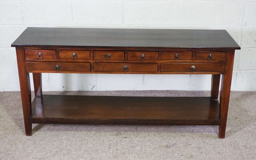 A modern Low dresser, hardwood with mahogany stain, 20th century, the plain rectangular top over