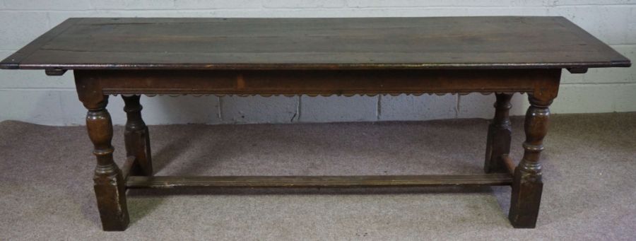 An oak Jacobean style refectory table, late 17th or 18th century, with a plain planked rectangular - Image 2 of 6