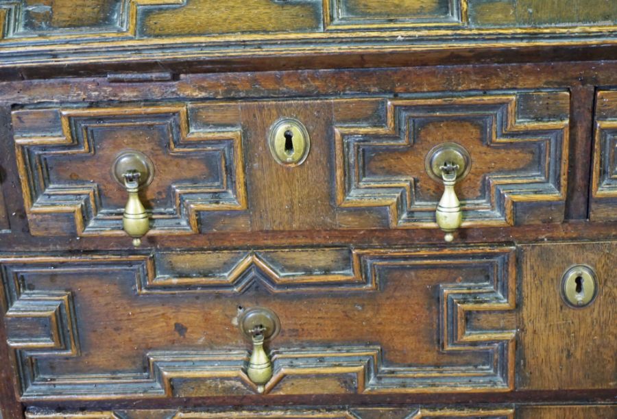 A Jacobean style oak bureau, 19th century revival, with a geometric moulded fall front, with boxwood - Image 6 of 6