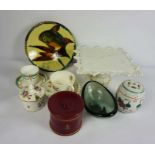A mixed lot of ceramic, including a Staffordshire fruit stand, a covered entree dish and Jasper ware
