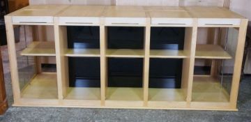 A large shop display counter, with multiple niches and down lights and removable trays, 90cm high,