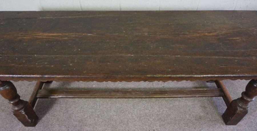 An oak Jacobean style refectory table, late 17th or 18th century, with a plain planked rectangular - Image 5 of 6