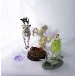 A box of assorted ceramics and glassware, including a tall carnival glass vase, figures and tea