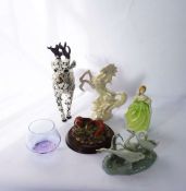 A box of assorted ceramics and glassware, including a tall carnival glass vase, figures and tea