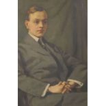 British School, early 20th century, Portrait of a young man, seated and wearing a grey suit,  oil on