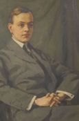 British School, early 20th century, Portrait of a young man, seated and wearing a grey suit,  oil on