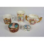 A group of assorted Coronation Mugs and assorted other ceramics, including a three section entree