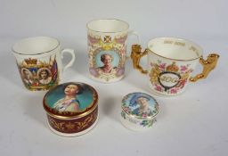 A group of assorted Coronation Mugs and assorted other ceramics, including a three section entree