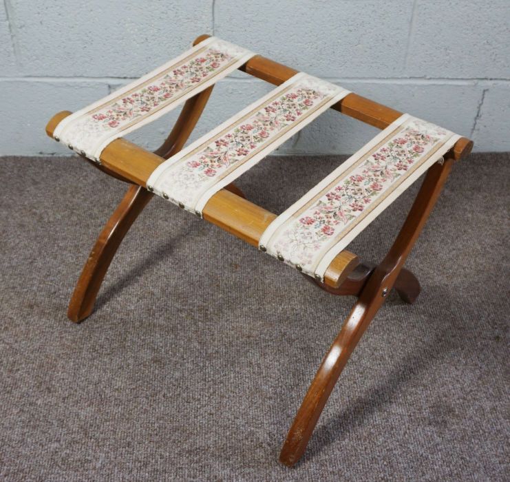 A small French style dressing stool, a reproduction yew veneered side table and a folding luggage - Image 6 of 7