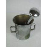 A chrome plated Mortar and Pestle, with tapered rim and loop side handles,, 8cm high, pestle 16cm
