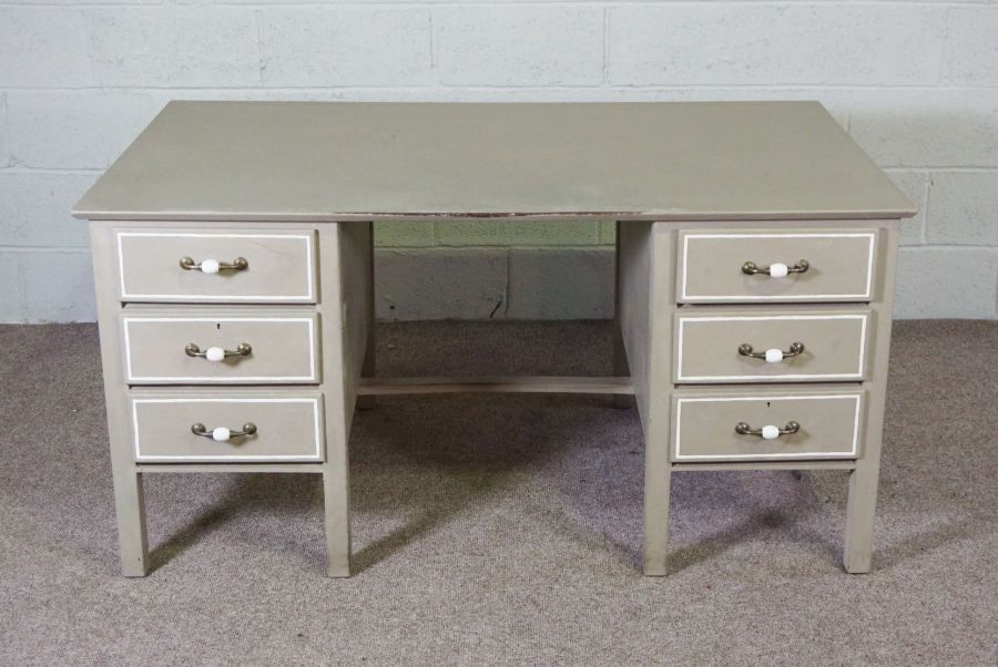A modern writing desk, 20th century, with grey painted surface, the rectangular top over a six short