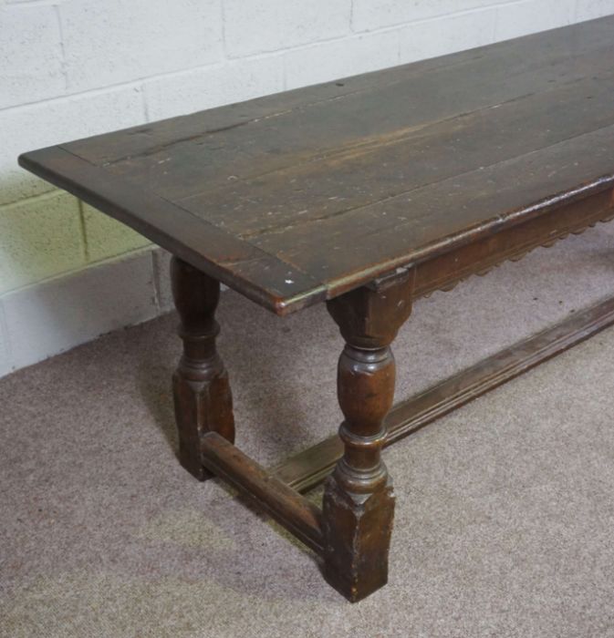 An oak Jacobean style refectory table, late 17th or 18th century, with a plain planked rectangular - Image 4 of 6