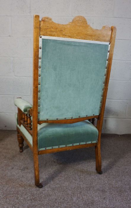 An Edwardian oak framed Salon chair, with tulip carved crest rail, stuffed back and seat and - Image 4 of 5