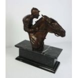 British school, 20th century, Equestrian portrait bust of a horse and Jockey, bronzed finish,