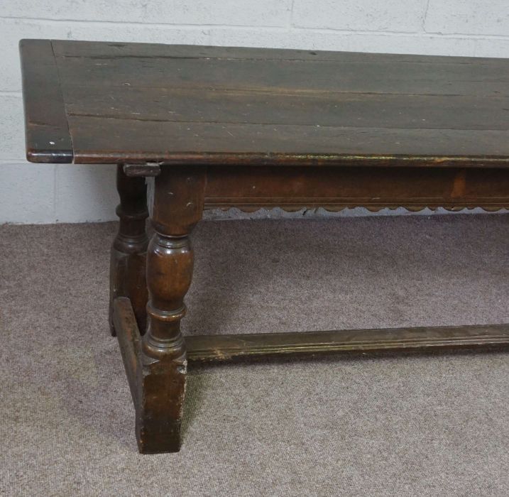 An oak Jacobean style refectory table, late 17th or 18th century, with a plain planked rectangular - Image 3 of 6