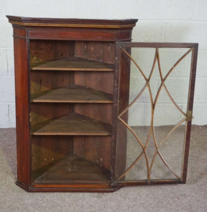 A George III mahogany corner cabinet, with a single glazed door and boxwood line inlays, 105cm high, - Image 2 of 5