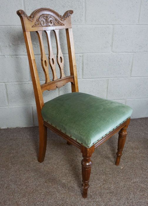 An Edwardian oak framed Salon chair, with tulip carved crest rail, stuffed back and seat and - Image 3 of 5