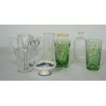 Selection of modern craftsman glass, including a pair of green glass tumblers, inscribed