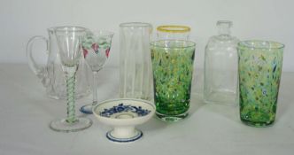 Selection of modern craftsman glass, including a pair of green glass tumblers, inscribed