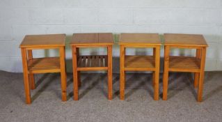 Four modern varnished pine bedside tables, with square tops and slatted shelves, 66cm high, 46cm