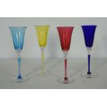 Four Masini of Firenze Florentine cut crystal wine glasses, with coloured trumpet bowls, clear ‘