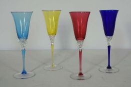 Four Masini of Firenze Florentine cut crystal wine glasses, with coloured trumpet bowls, clear ‘