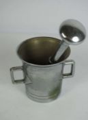 A chrome plated Mortar and Pestle, with tapered rim and loop side handles,, 8cm high, pestle 16cm