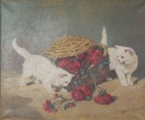 Gabrielle Rainer Istvanffy, circa 1900, Kittens playing with roses, oil on canvas, signed LR, 50 x