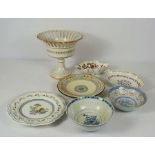 Assorted ceramics, including a Saxony fruit stand, assorted plates, one with crested centre, also