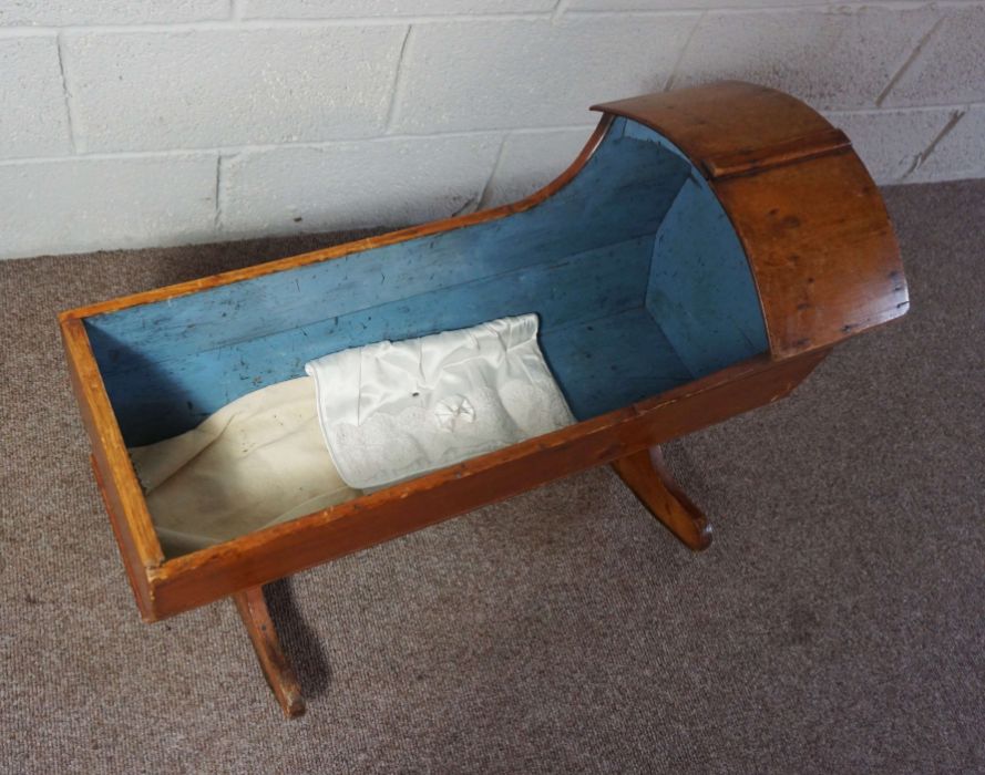 A Victorian child’s rocking cot, 19th century, light blue painted interior, 55cm high, 95cm long - Image 2 of 2