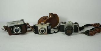 Box of camera cases, some cameras included, wooden boxes and other ephemera and box of assorted
