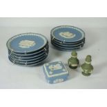 Lot of eleven Wedgwood blue jasper ‘Christmas’ plates, a pair of salt & peppers and a covered box (