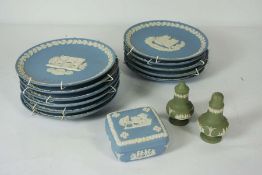 Lot of eleven Wedgwood blue jasper ‘Christmas’ plates, a pair of salt & peppers and a covered box (