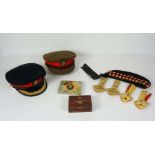 Militaria, including two officers caps, an RAF insignia box, shoulder braids and other items (9)