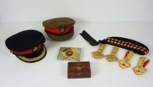 Militaria, including two officers caps, an RAF insignia box, shoulder braids and other items (9)