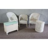 Three white bathroom chairs & two laundry baskets (5)