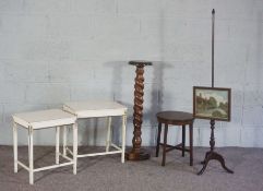 A George III style fire screen, with tripod base; together with two small painted tables, a stool