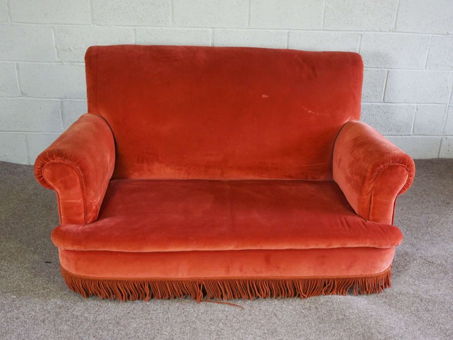 A small red two seat sofa, with scrolled arms and tassel fringe, 153cm wide; together with three - Image 3 of 4