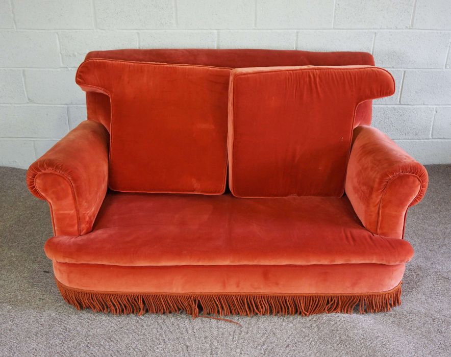 A small red two seat sofa, with scrolled arms and tassel fringe, 153cm wide; together with three - Image 2 of 4