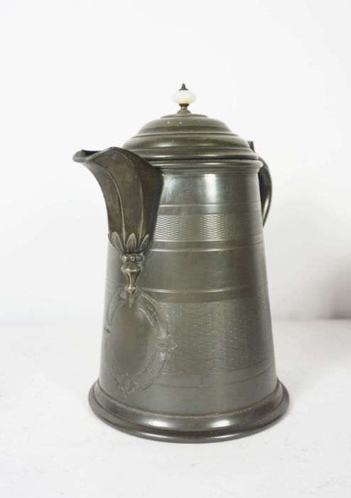 A very large pewter covered insulated hot water jug, of tapered form, with scrolling ‘twig’ side - Image 3 of 6